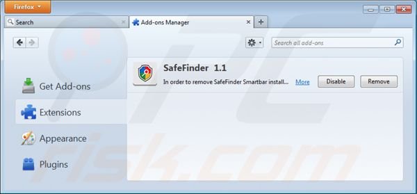 Removing isearch.safefinder.net from Mozilla Firefox extensions