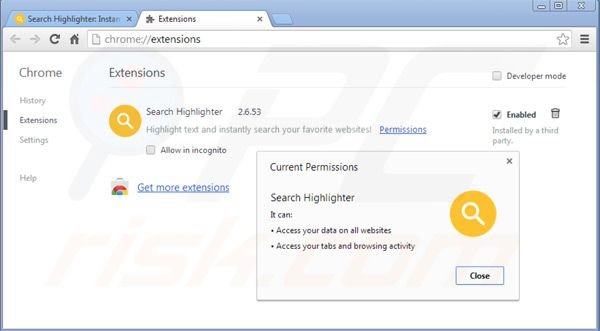 Removing Search Highlighter from Google Chrome extensions step 2