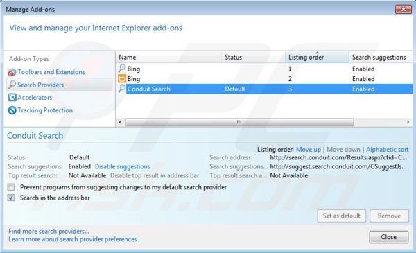Search Protect by Conduit removal from Internet Explorer default search engine settings