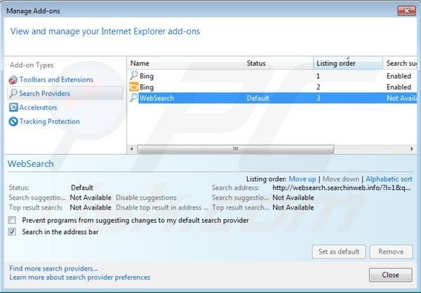 Removing websearch.searchinweb.info from Internet Explorer default search engine settings