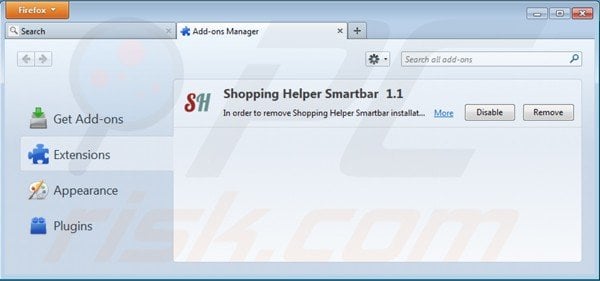 Removing shopping helper smartbar from Mozilla Firefox extensions