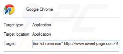 Removing sweet-page.com from Google Chrome shortcut target step 2