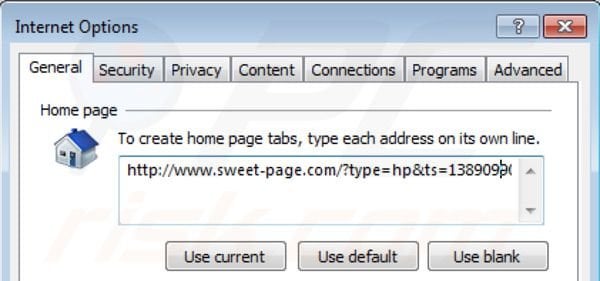 Removing sweet-page.com from Internet Explorer homepage