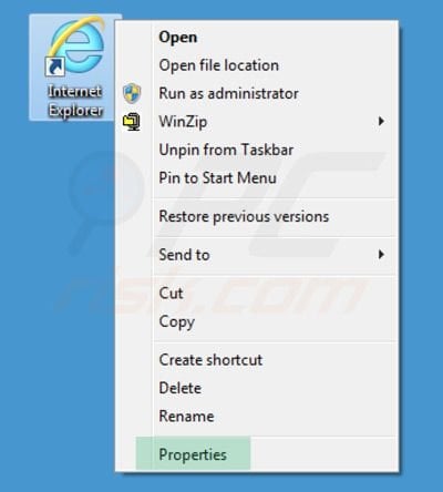 Removing sweet-page.com from Internet Explorer shortcut target step 1