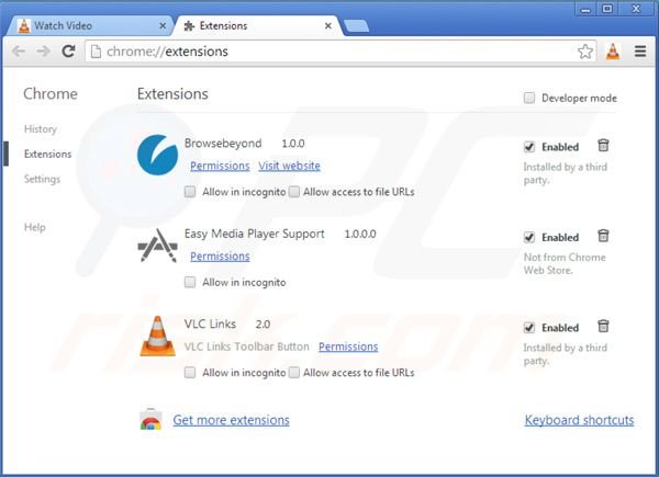 Removing vlc app virus from Google Chrome extensions step 2