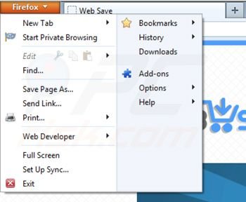 Removing Web Save from Mozilla Firefox extensions step 1