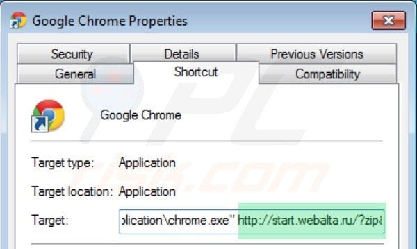 Removing webalta.ru from Google Chrome shortcut target step 2