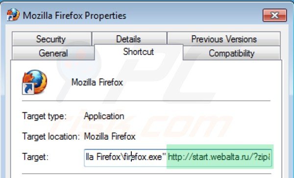 Removing webalta.ru from Mozilla Firefox shortcut target step 2