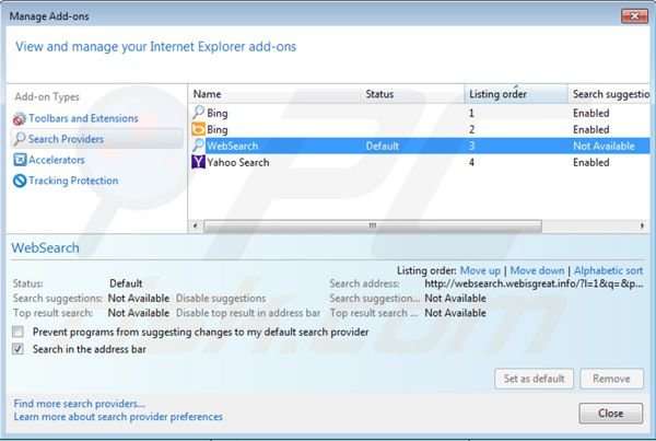 Removing websearch.webisgreat.info from Internet Explorer default search engine settings