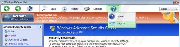 Windows Defence Unit removal using registration key step 1