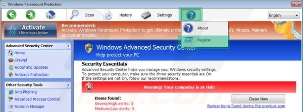 Registering Windows Paramount Protection step 1