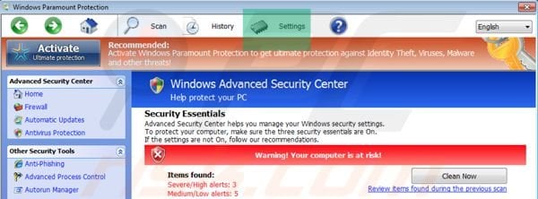 Windows Paramount Protection startup settings