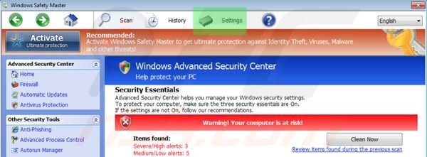 Windows Safety Master accessing settings tab