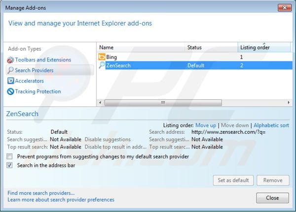 Removing zensearch.com from Internet Explorer default search engine settings