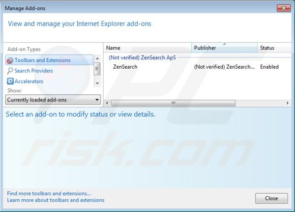 Removing zensearch.com from Internet Explorer extensions