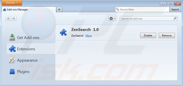 Removing zensearch.com from Mozilla Firefox extensions