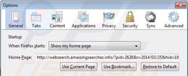 Removing websearch.amaizingsearches.info from Mozilla Firefox homepage
