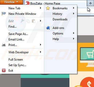 Removing BooZaka from Mozilla Firefox step 1