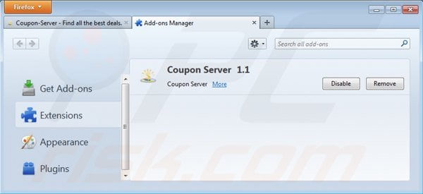Removing coupon server from Mozilla Firefox step 2