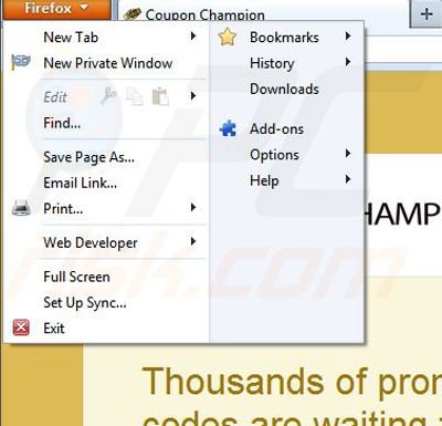 Removing Coupon Champion from Mozilla Firefox step 1