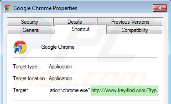 Removing key-find.com from Google Chrome shortcut target step 2