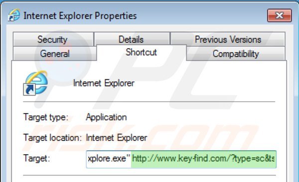 Removing key-find.com from Internet Explorer shortcut target step 2
