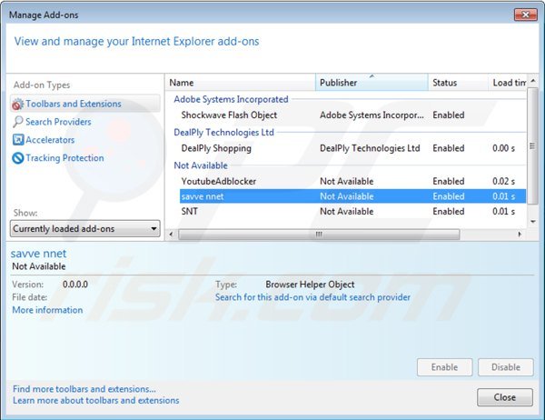 Removing saveneto add-on from Internet Explorer step 2