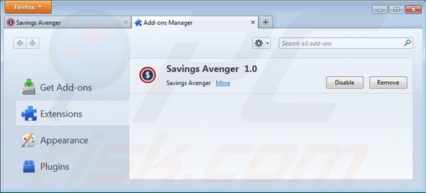 Removing savings avenger from Mozilla Firefox step 2
