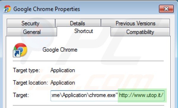 Removing utop.it from Google Chrome shortcut target step 2