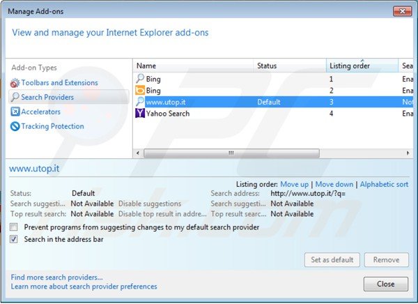 Removing utop.it from Internet Explorer default search engine settings