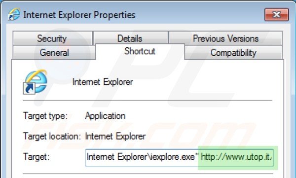 Removing utop.it from Internet Explorer shortcut target step 2