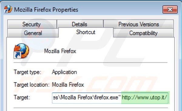 Removing utop.it from Mozilla Firefox shortcut target step 2