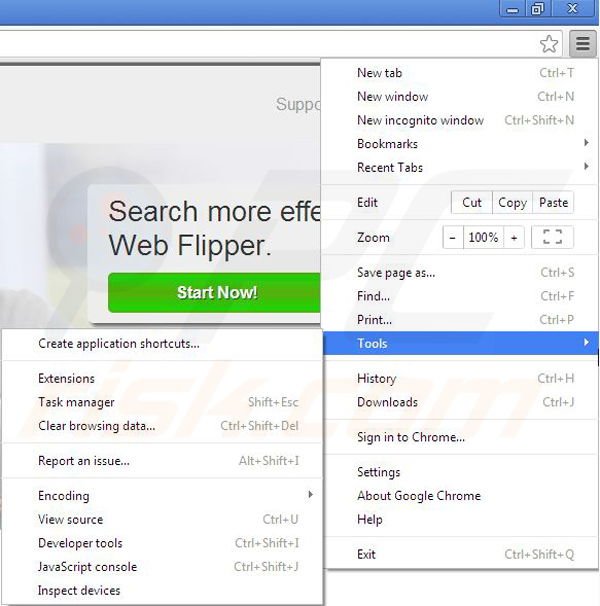 Removing Web Flipper from Google Chrome step 1