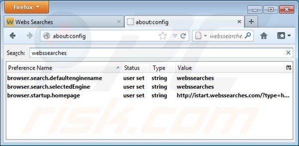 Removing istart.webssearches.com from Mozilla Firefox default search engine settings