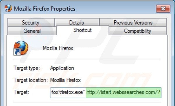Removing istart.webssearches.com from Mozilla Firefox shortcut target step 2