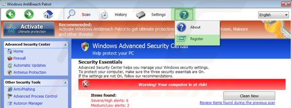 Removing Windows Antibreach Patrol using registration key step 1