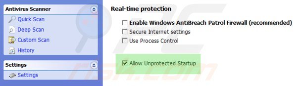 Enabling unprotected startup for Windows Antibreach Patrol