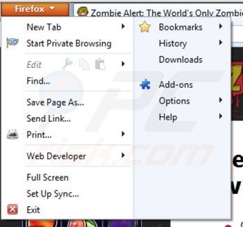 Removing zombie alert from Mozilla Firefox step 1
