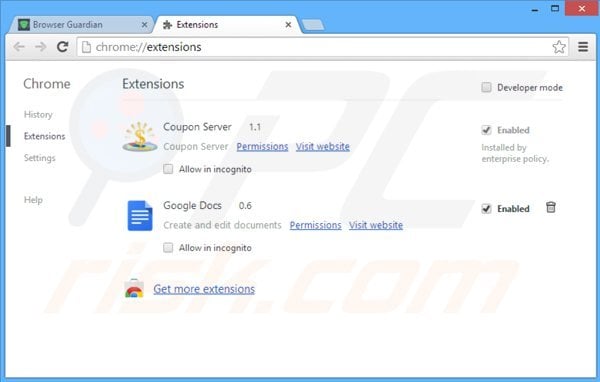 Removing browser guardian ads from Google Chrome step 2