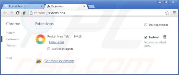 Removing rocket-find.com related add-ons from Google Chrome