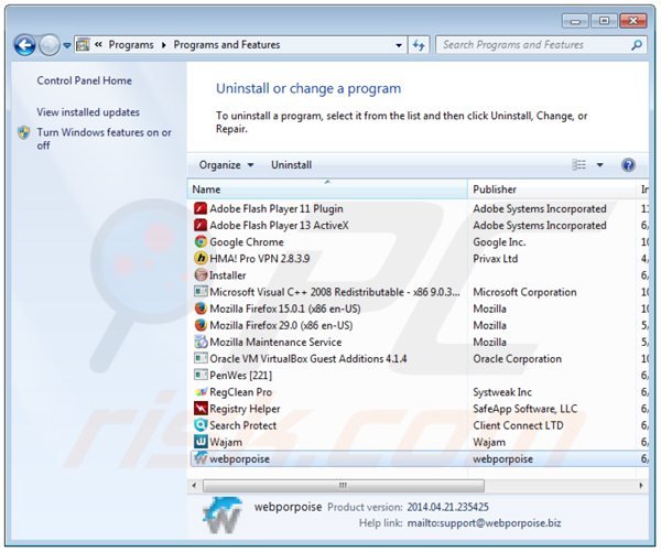 webporpoise adware uninstall via Control Panel