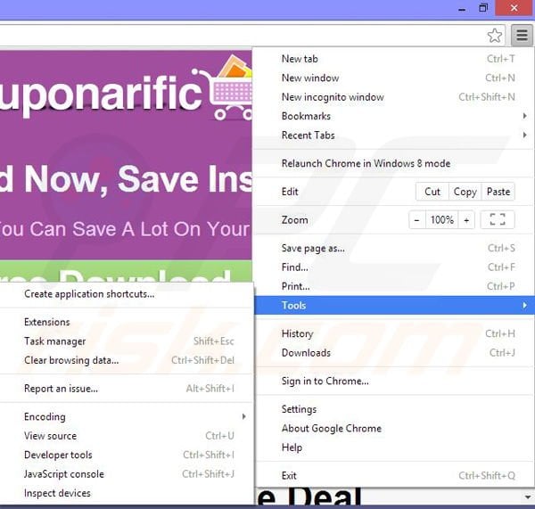 Removing Couponarific ads from Google Chrome step 1