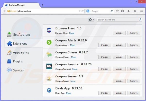 Removing Couponarific ads from Mozilla Firefox step 2