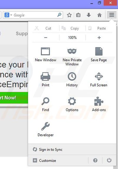 Removing EnhanceEmpire from Mozilla Firefox step 1