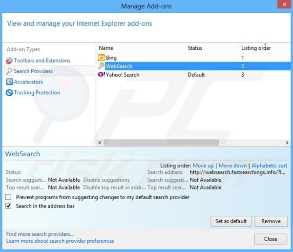 Removing websearch.fastsearchings.info from Internet Explorer default search engine