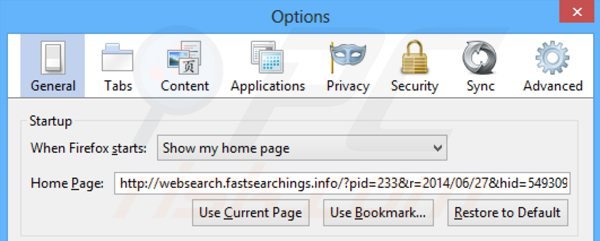 Removing websearch.fastsearchings.info from Mozilla Firefox homepage