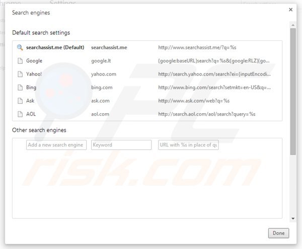 Removing searchassist from Google Chrome default search engine