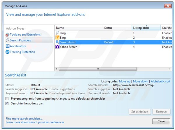 Removing searchassist from Internet Explorer default search engine