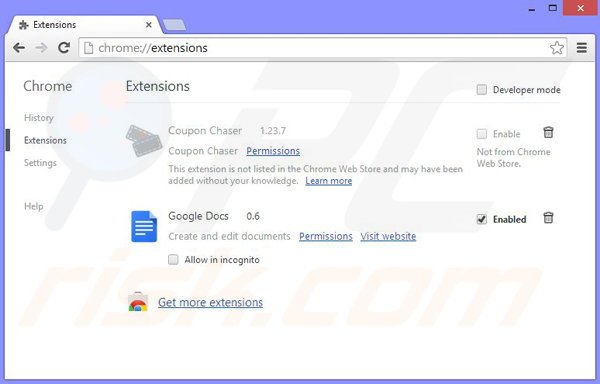 Removing Coupon Chaser ads from Google Chrome step 2