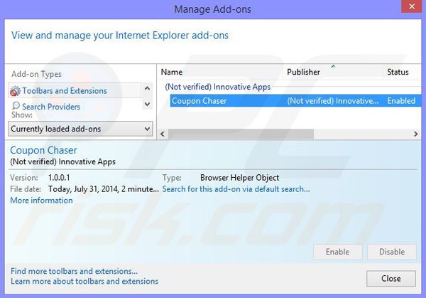 Removing Coupon Chaser ads from Internet Explorer step 2